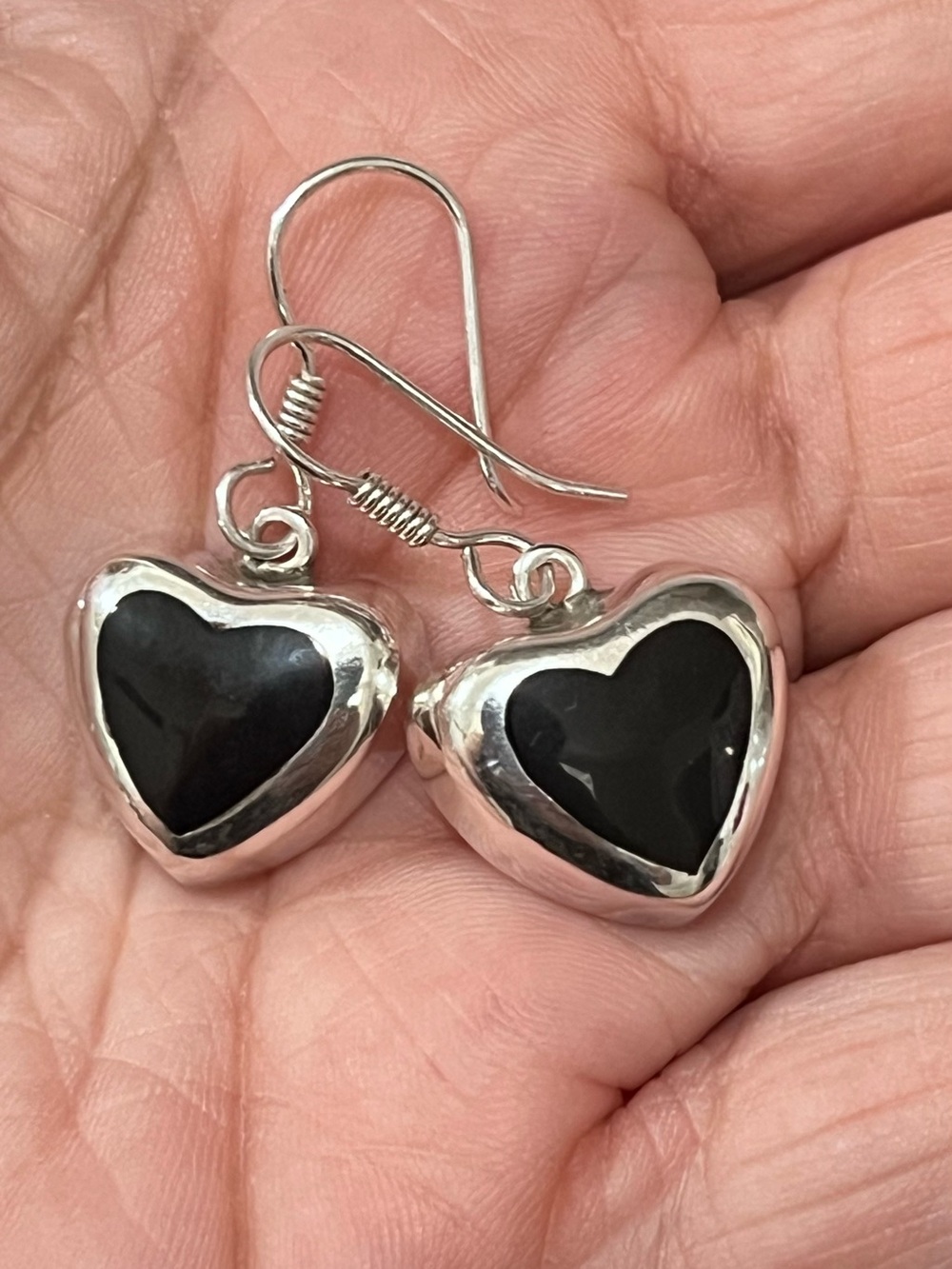 Taxco Sterling Silver Heart Drop Earrings with Black Inlay